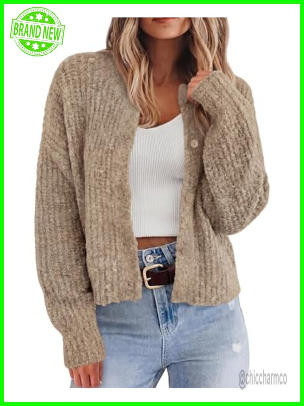 Chunky Knit Cropped Cardigan Button Down Lantern Sleeve Women Sweater
